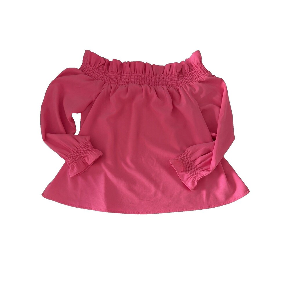 Crown & Ivy Off On Shoulder Shirt Top Womens Sz XL Neon Pink Smocked Stretch EUC - Picture 6 of 11